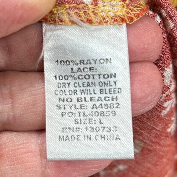 Umgee Red Gold Floral Peasant Babydoll Crochet Rayon Flared Sleeve Dress Size L - Picture 9 of 9